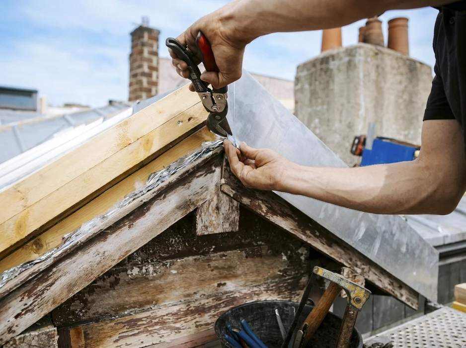 Chantier de couverture en extérieur avec ouvrier couvreur installant des tuiles terre cuite sur toiture résidentielle