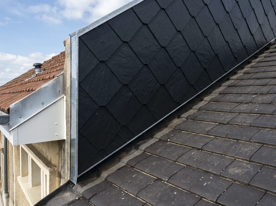 Deux ouvriers du toit en uniforme de protection portent et gants, à l'aide d'un pistolet à ongles pneumatique ou d'un pistolet pneumatique et installent des tuiles en béton sur le toit du nouveau toit, Concept de bâtiment résidentiel en construction
