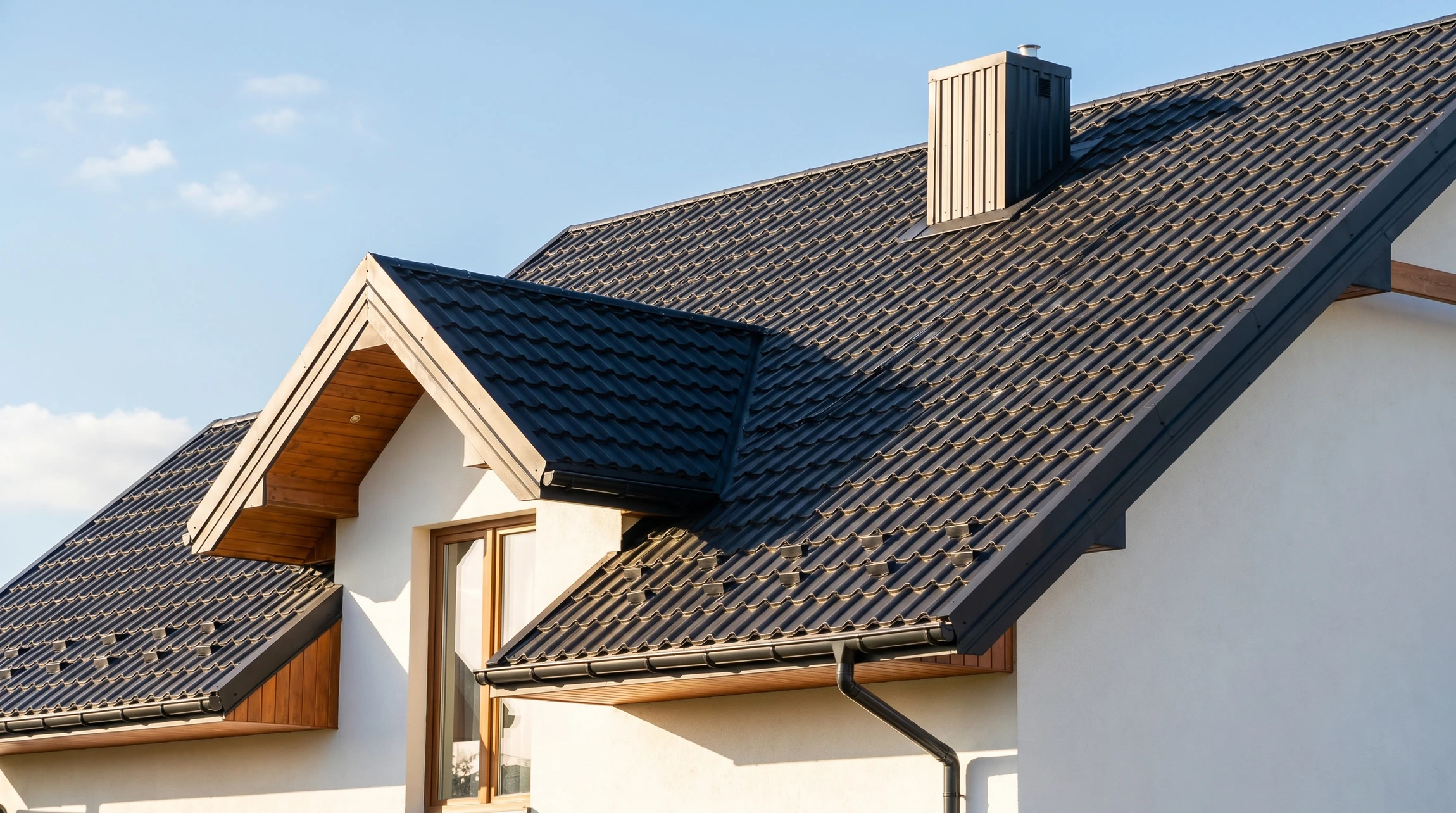 Ouvrier couvreur en combinaison bleue et rouge travaillant sur une toiture en construction